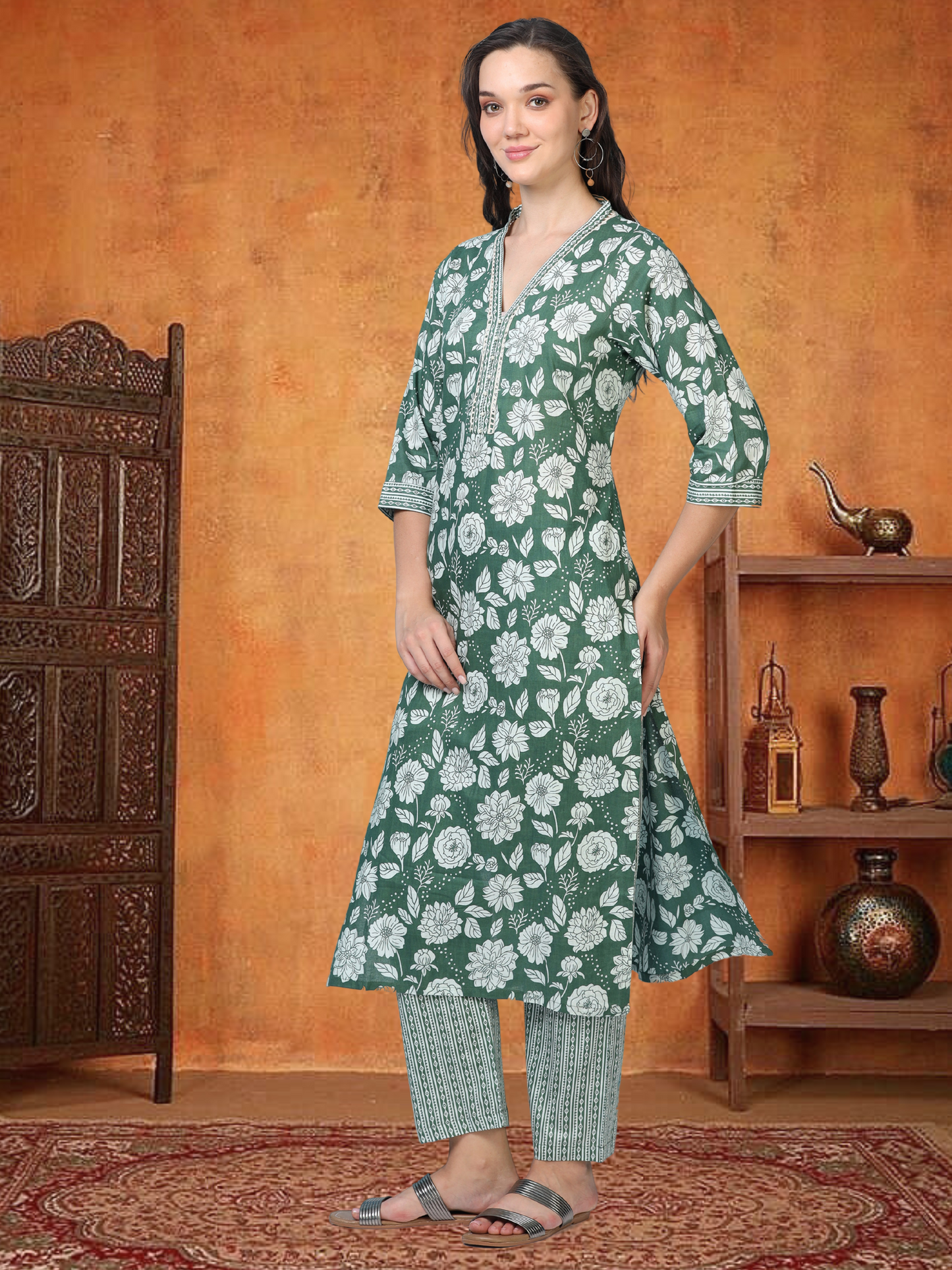 Bottle Green Flag – Lace & Pearl Detailed Printed 2-Piece Set (2FW-5-B3)