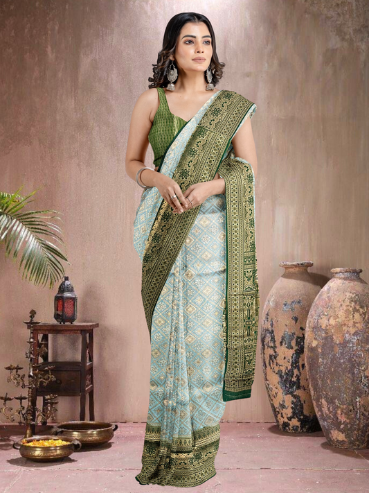 Blue-Green Grace – Satin Brocade Saree (BL-G-519013)