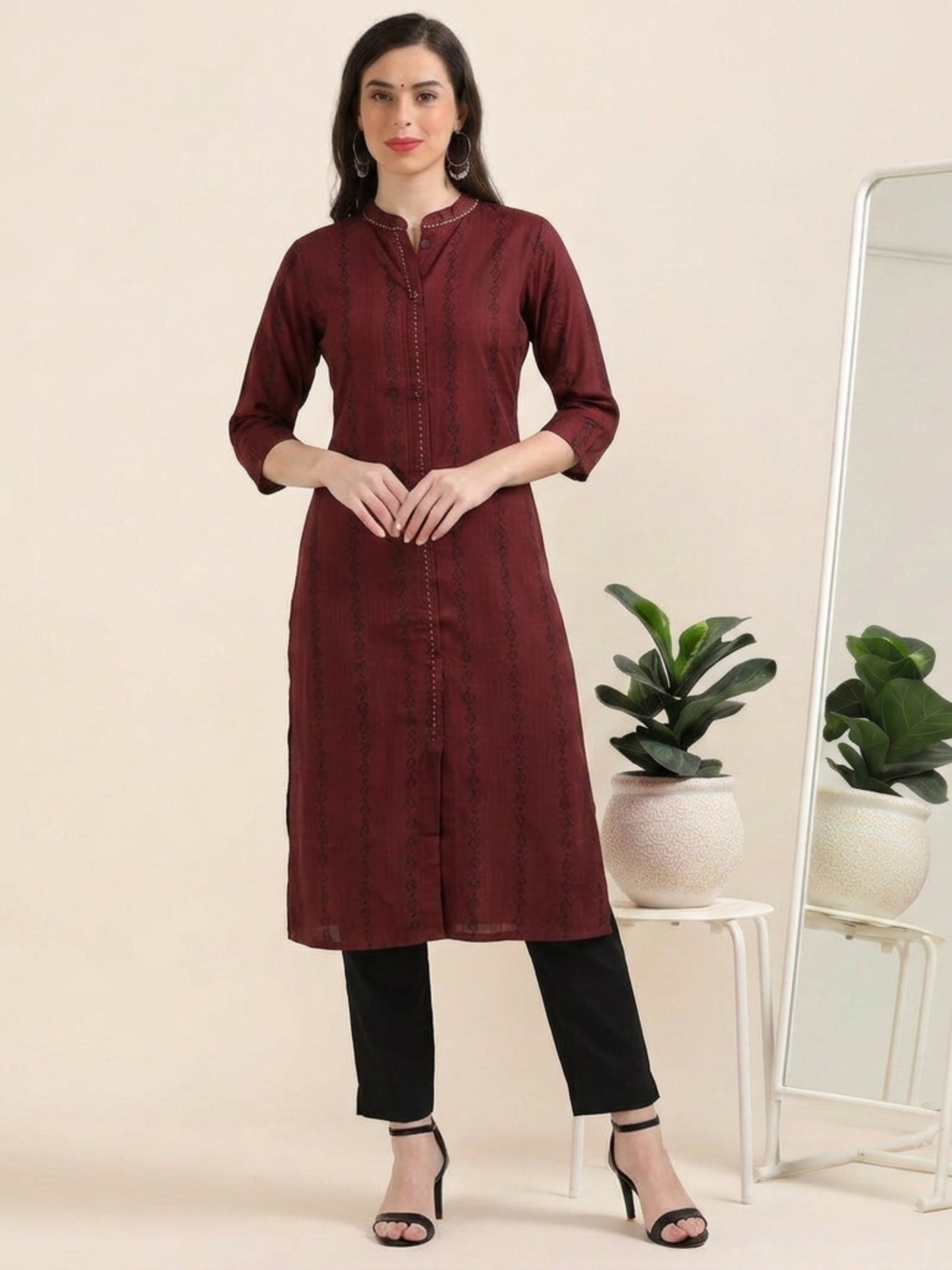 Merlot Muse – Reddish-Maroon Faux Shirt Kurti (1KB-2-A14)