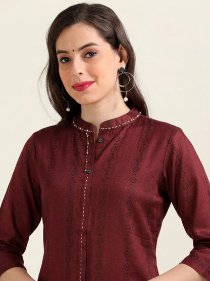 Merlot Muse – Reddish-Maroon Faux Shirt Kurti (1KB-2-A14)