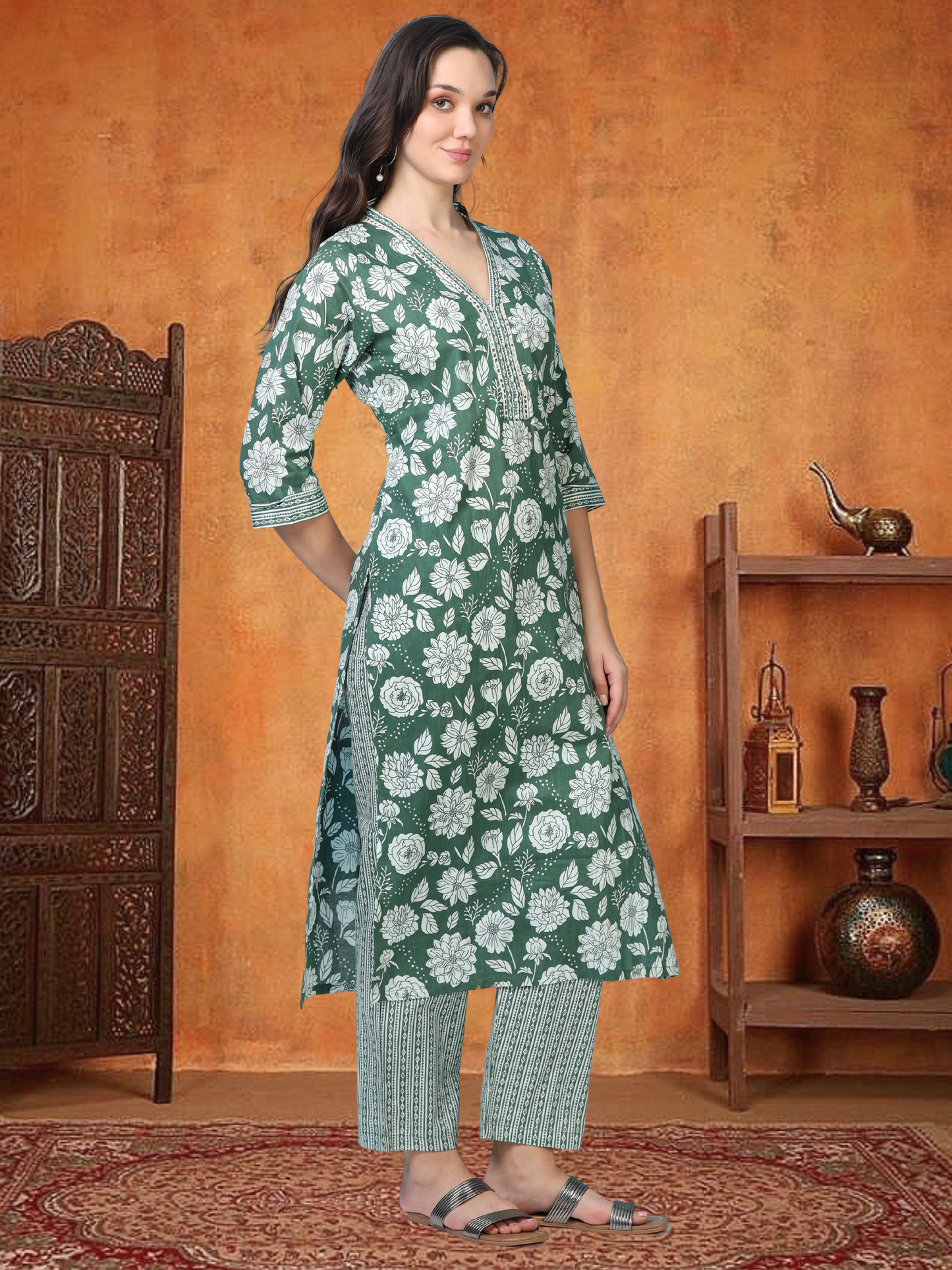 Bottle Green Flag – Lace & Pearl Detailed Printed 2-Piece Set (2FW-5-B3)