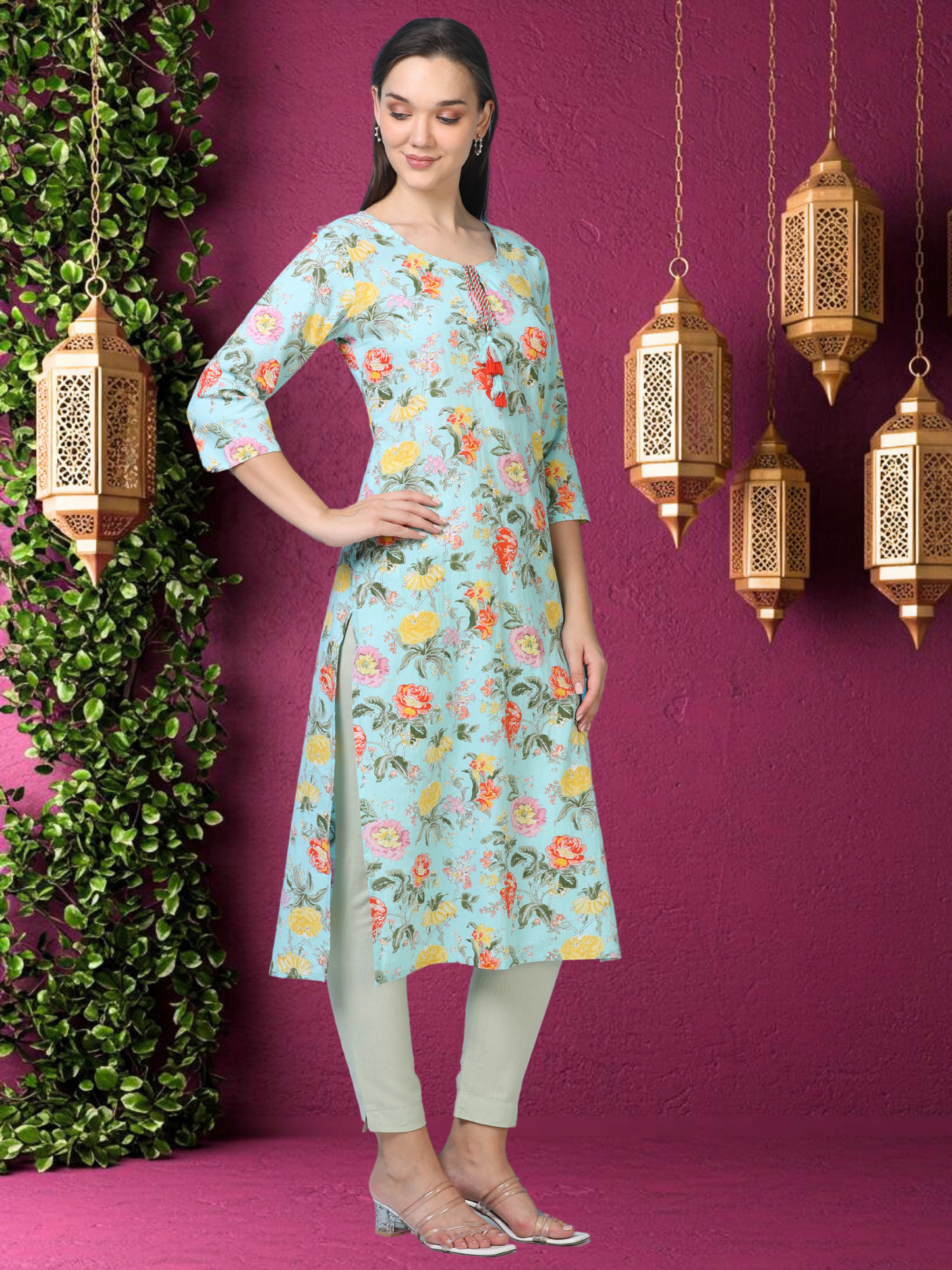 Bloom Flower – Light Blue Printed Cotton Kurti (2TP-6-A6)