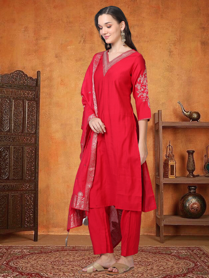 Red Hour – Raw Cotton & Banarasi Silk-Blend 3-Piece Set (1NH-2-C11)