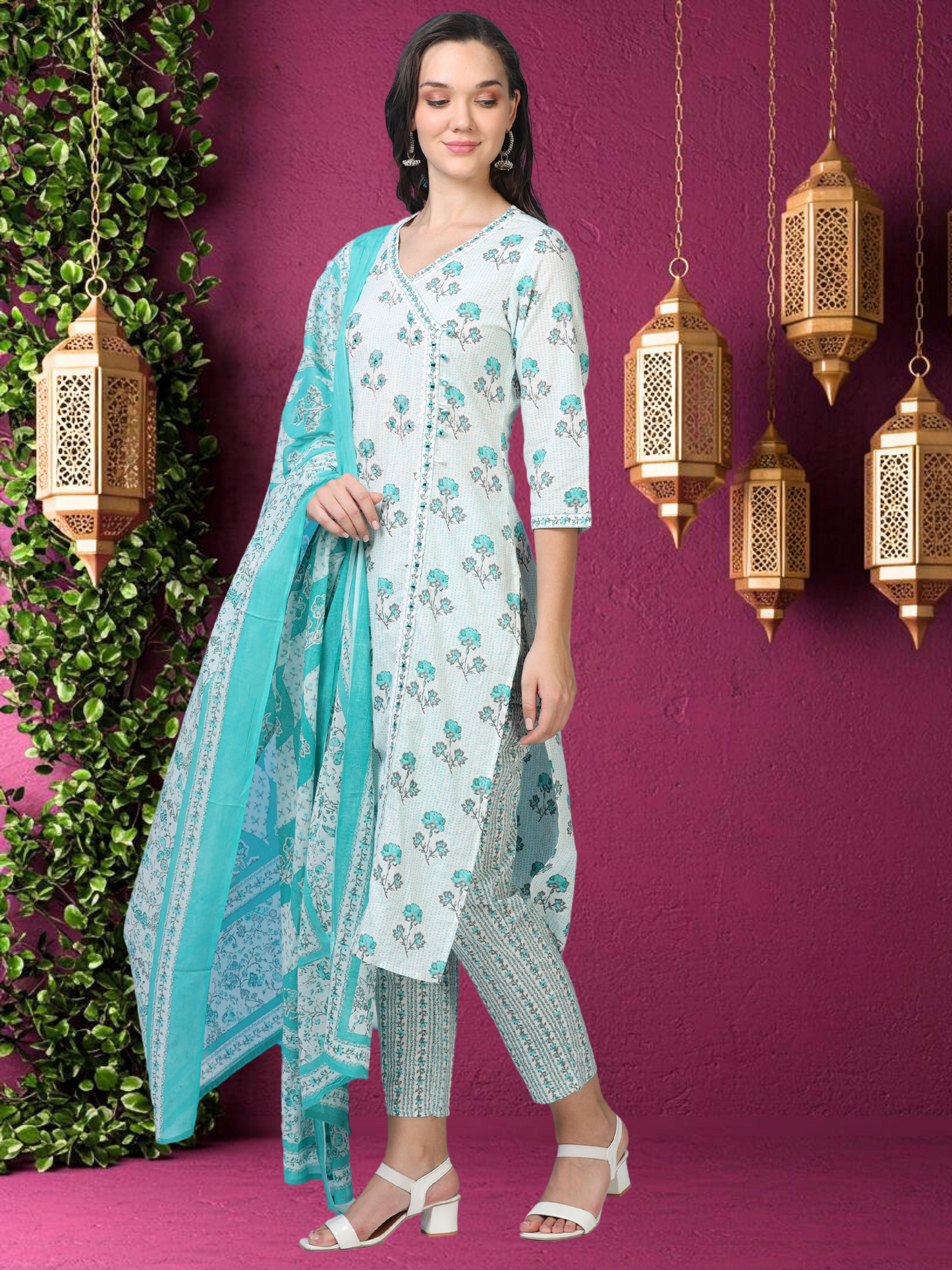 White & Blue Angrakha Cotton 3-Piece Set (2DF-6-C8)
