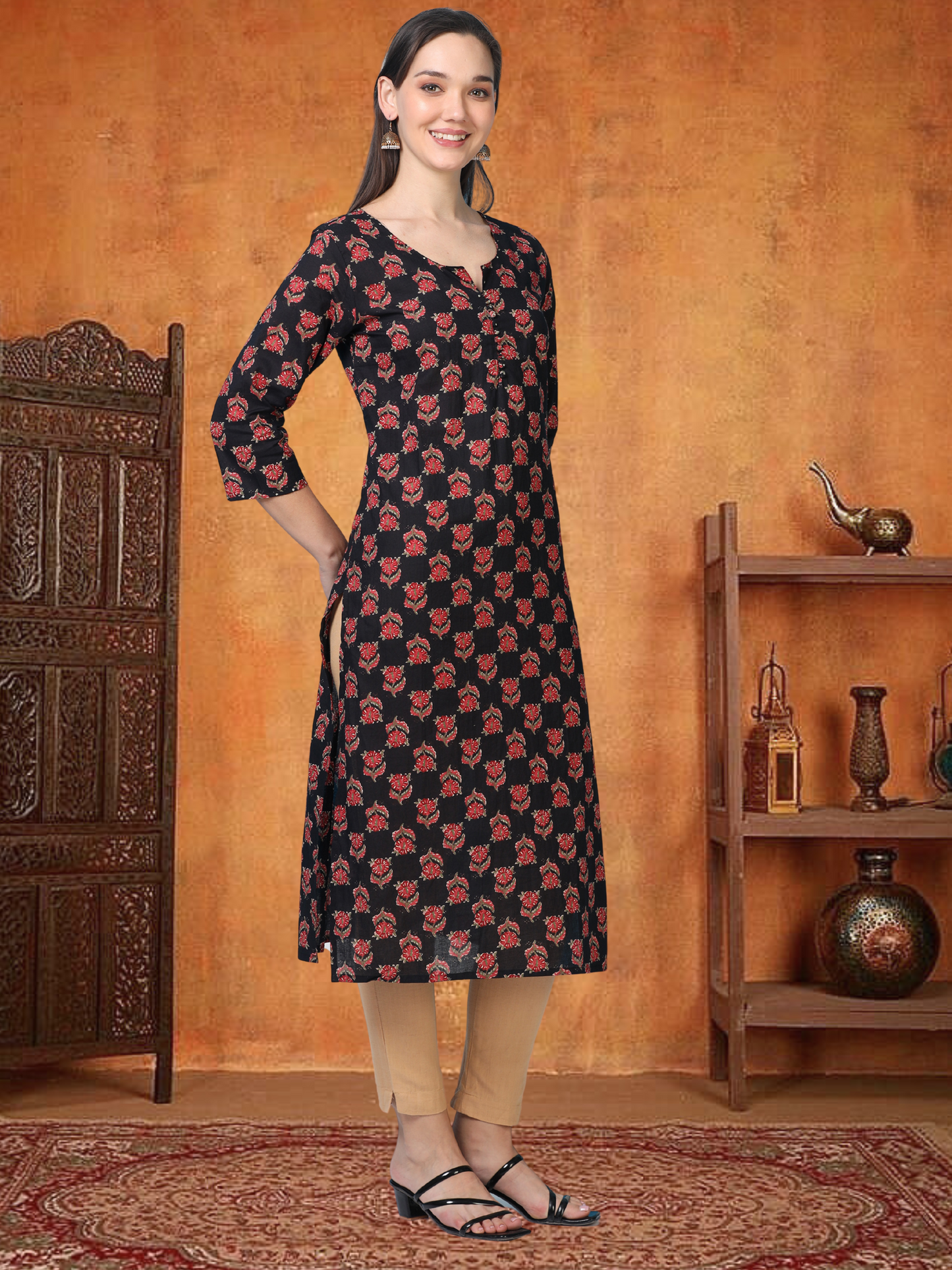 Midnight Muse – Black Printed Cotton Kurti (2TP-0-A1)