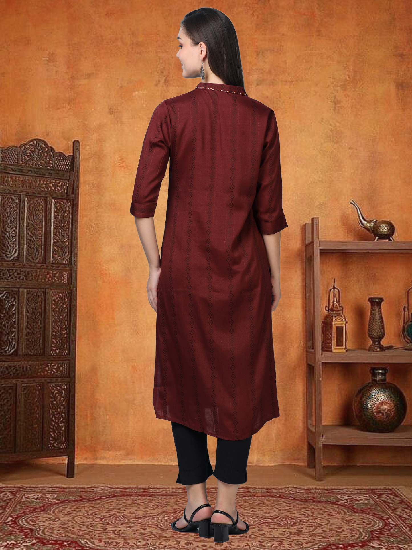 Merlot Muse – Reddish-Maroon Faux Shirt Kurti (1KB-2-A14)