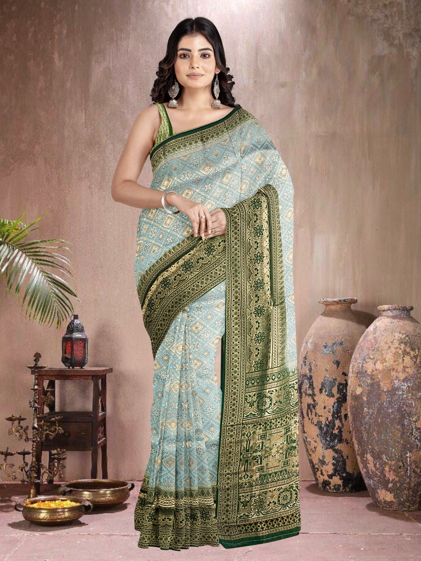 Blue-Green Grace – Satin Brocade Saree (BL-G-519013)