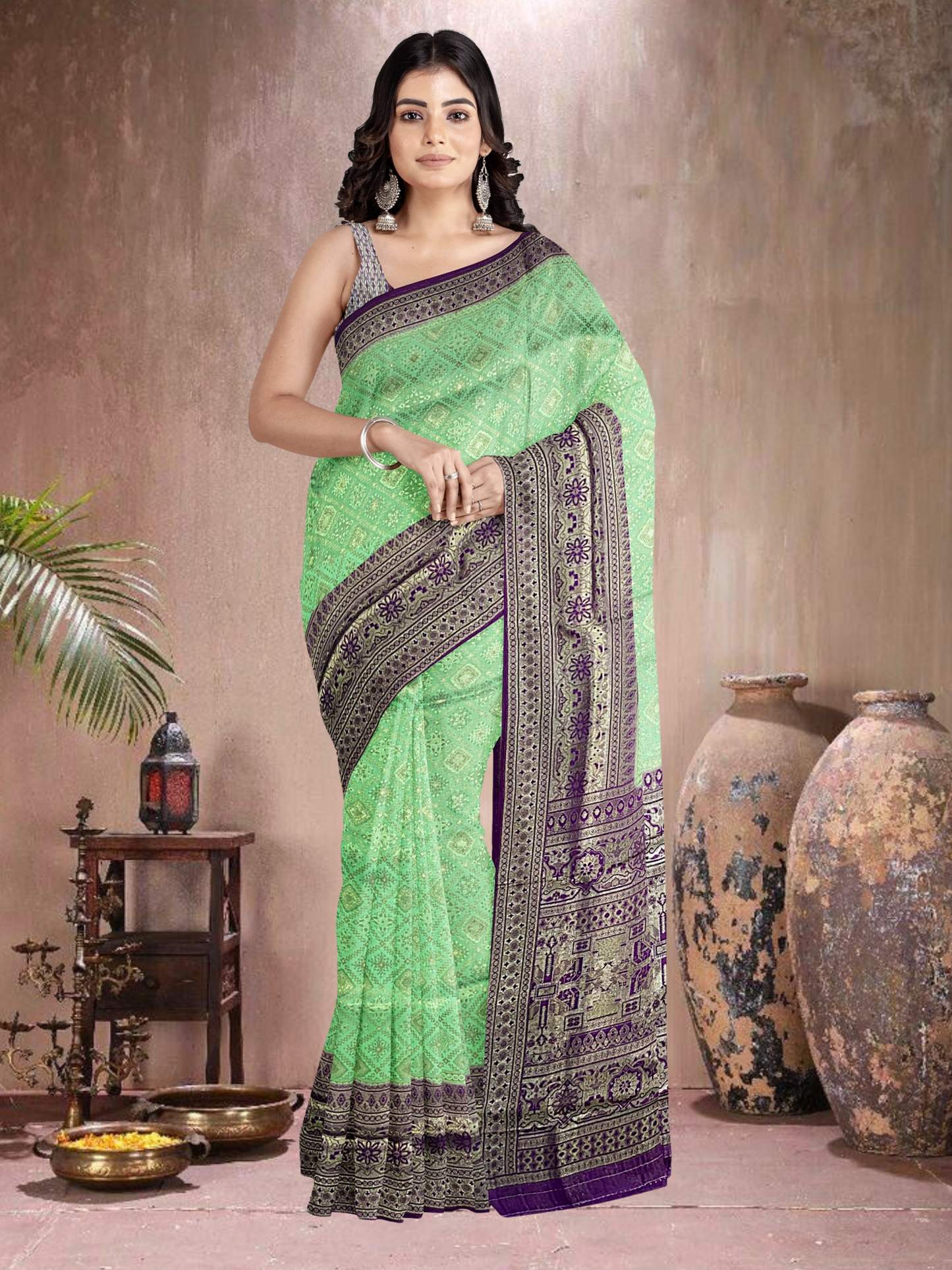 Green-Purple Glow – Satin Brocade Saree (PG-PU-519013)