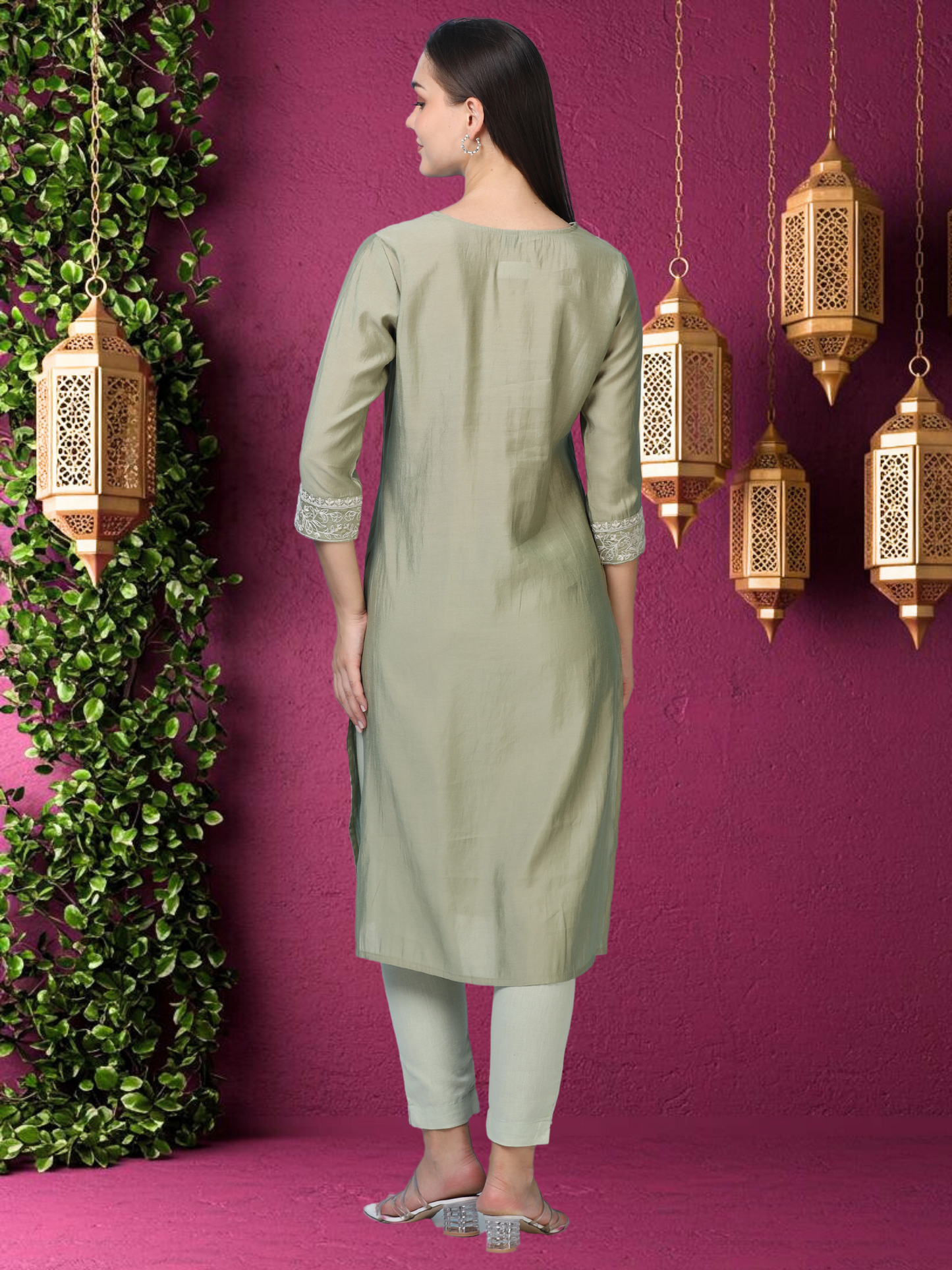 Olive Ease – Light Olive Threadwork Kurti (2AA-5-A10)