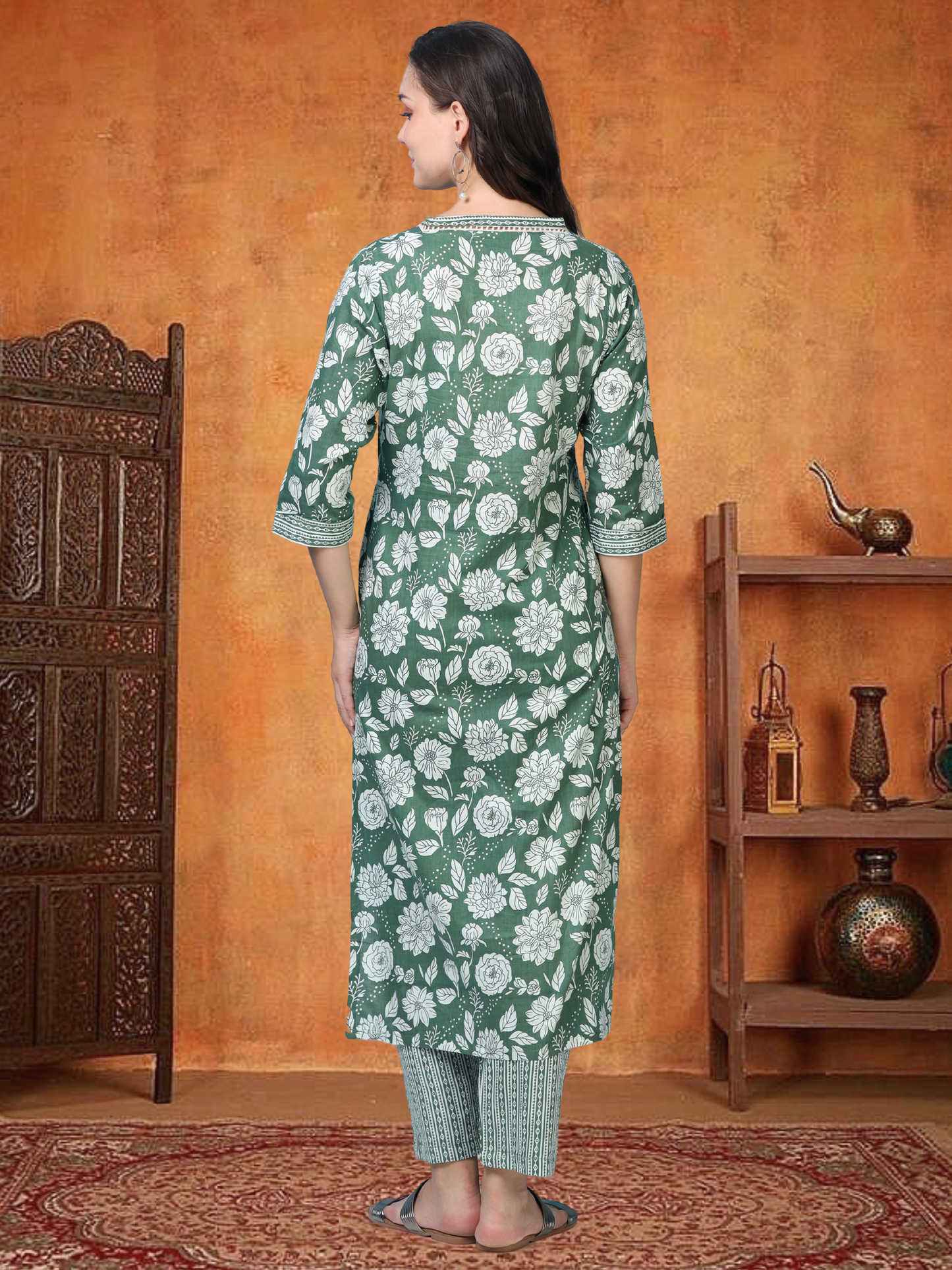 Bottle Green Flag – Lace & Pearl Detailed Printed 2-Piece Set (2FW-5-B3)
