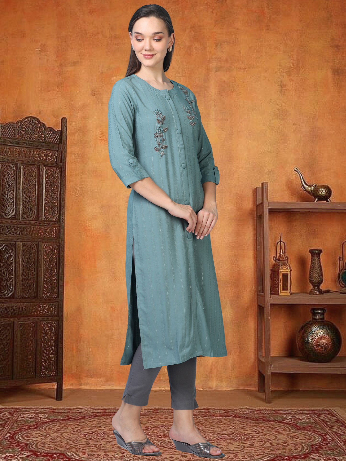 Teal Tadka – Shirt-Style Embroidered Kurti (1KB-6-A11)
