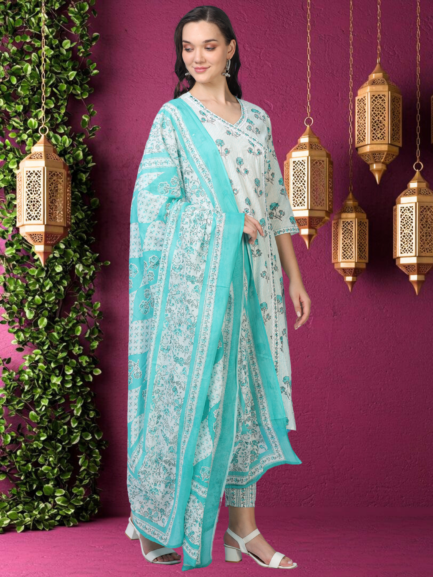 White & Blue Angrakha Cotton 3-Piece Set (2DF-6-C8)