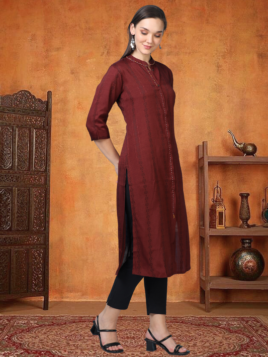 Merlot Muse – Reddish-Maroon Faux Shirt Kurti (1KB-2-A14)