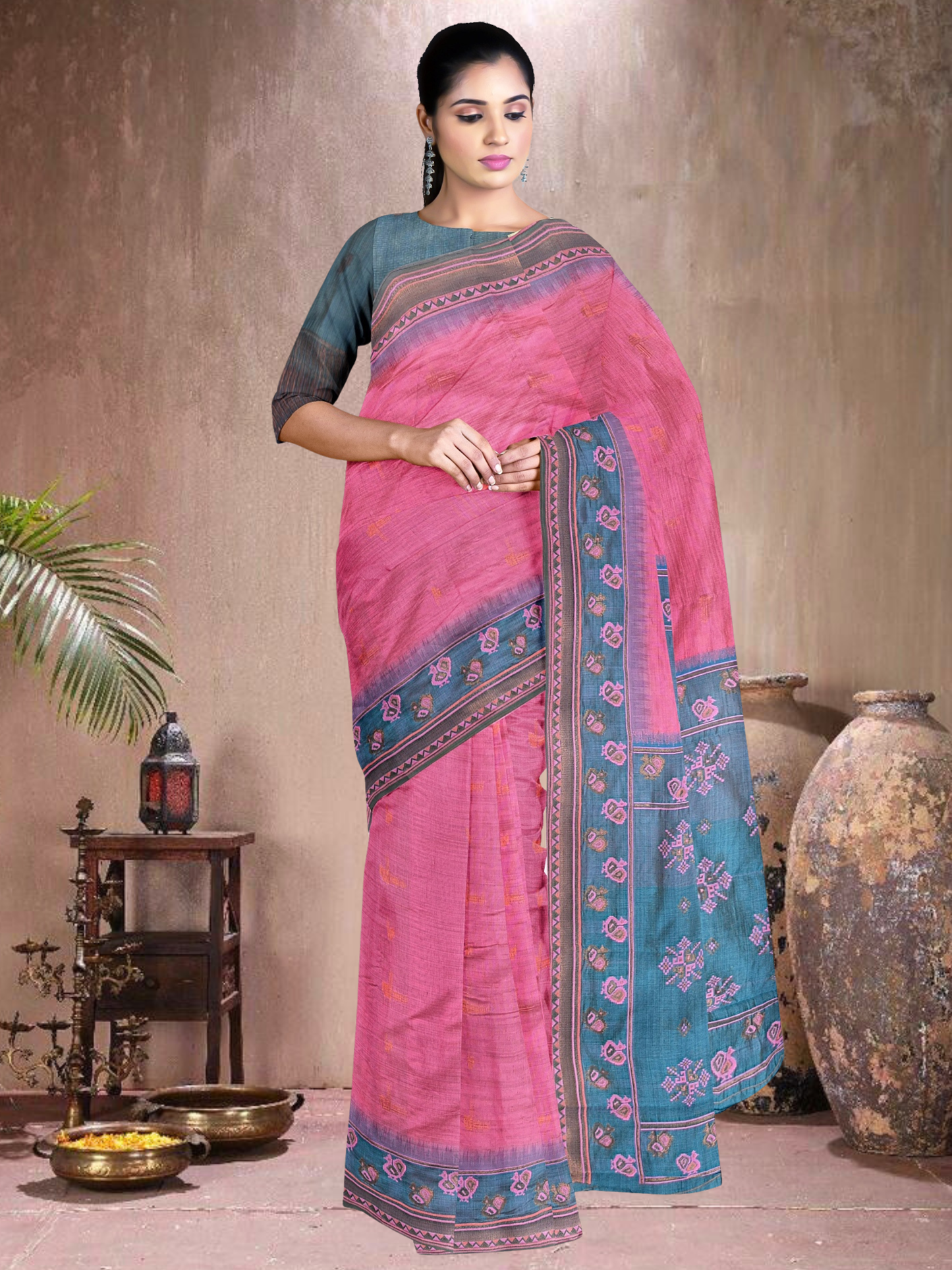 Peacock Blush Cotton Blend Saree (PI-BL-514005-2)