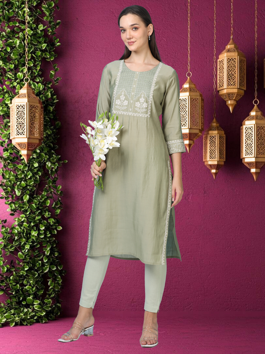 Olive Ease – Light Olive Threadwork Kurti (2AA-5-A10)