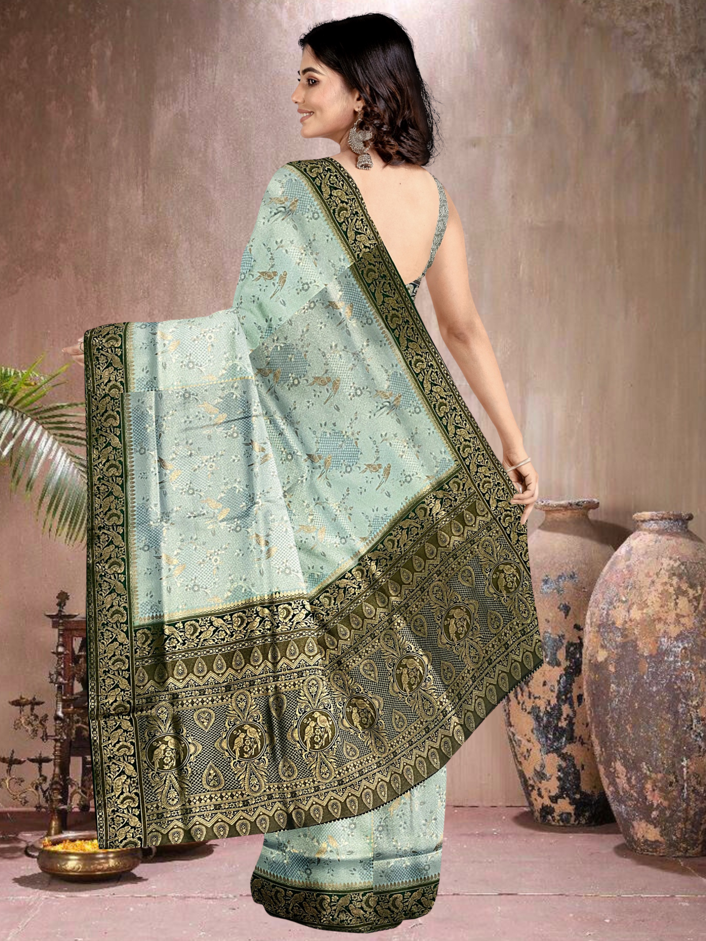 Blue-Green Charm – Satin Brocade Saree(BL-G-519012)