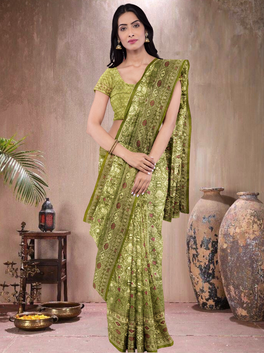 Olive Allure – Ikkat brocade saree with gold zari (OG-519018)