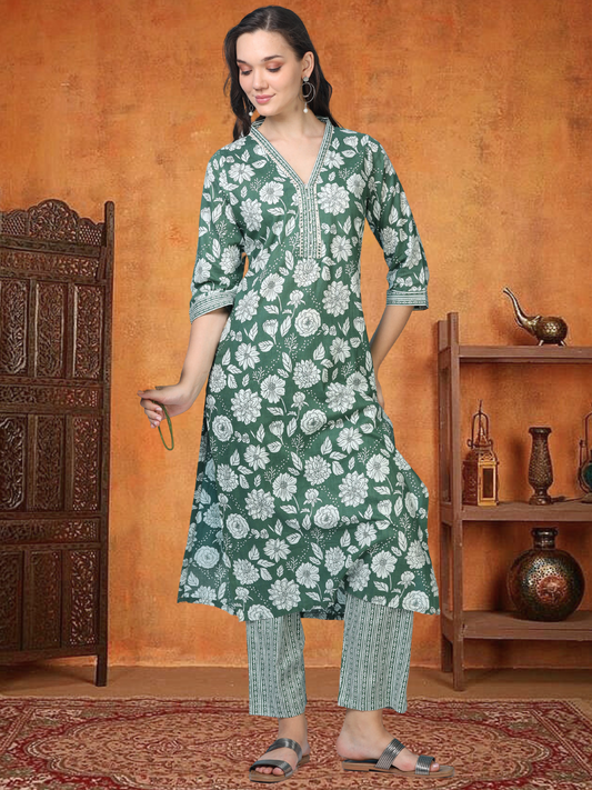 Bottle Green Flag – Lace & Pearl Detailed Printed 2-Piece Set (2FW-5-B3)