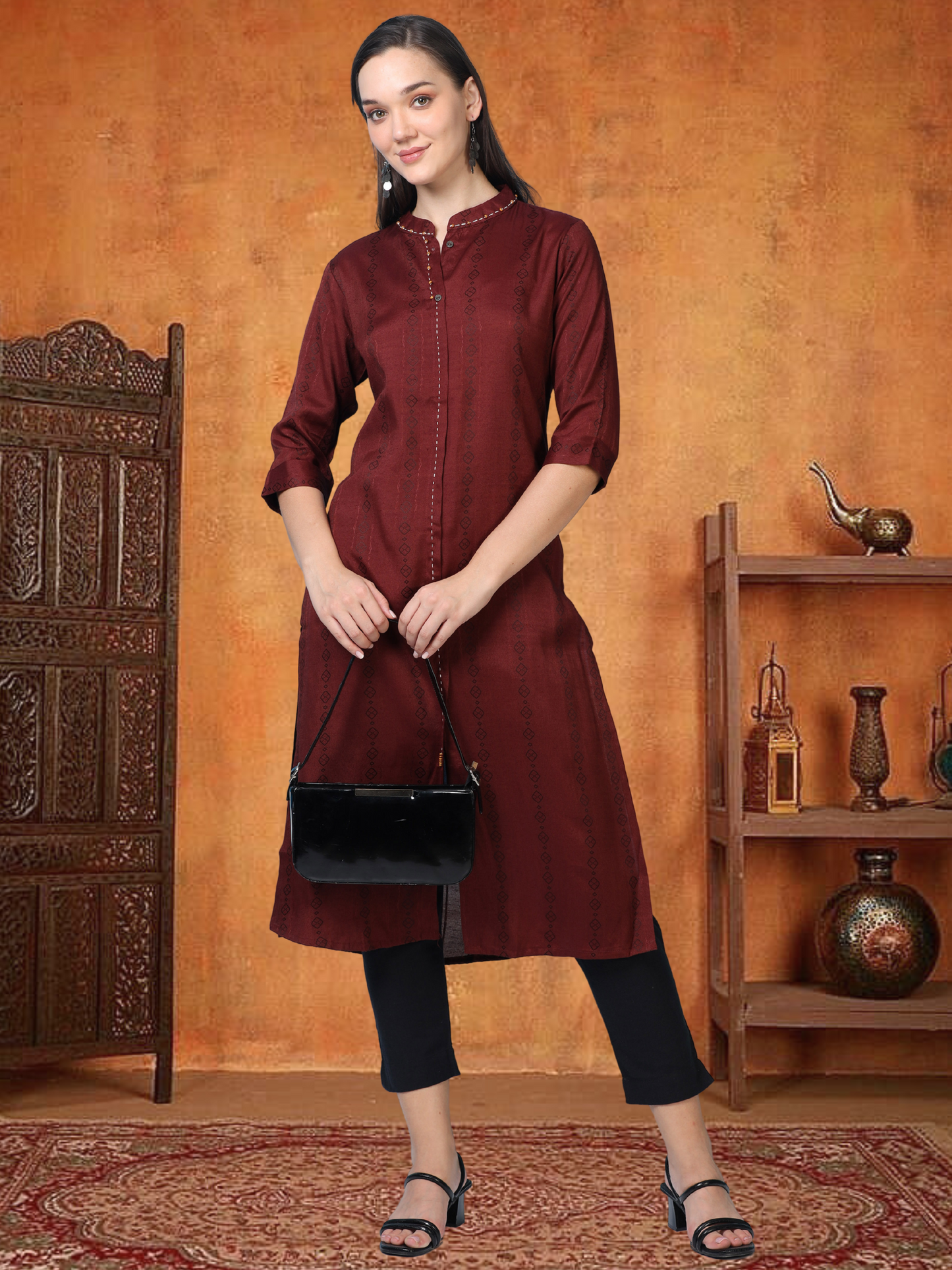 Merlot Muse – Reddish-Maroon Faux Shirt Kurti (1KB-2-A14)