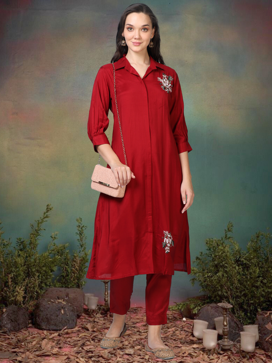 Crimson Crush – Red Satin Silk-Blend Shirt Style Co-ord Set (1KB-2-B3)