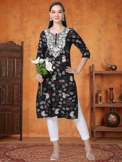 Noir Nazaara – Black Kalamkari & Chikankari Cotton Kurti (1NH-0-A13)
