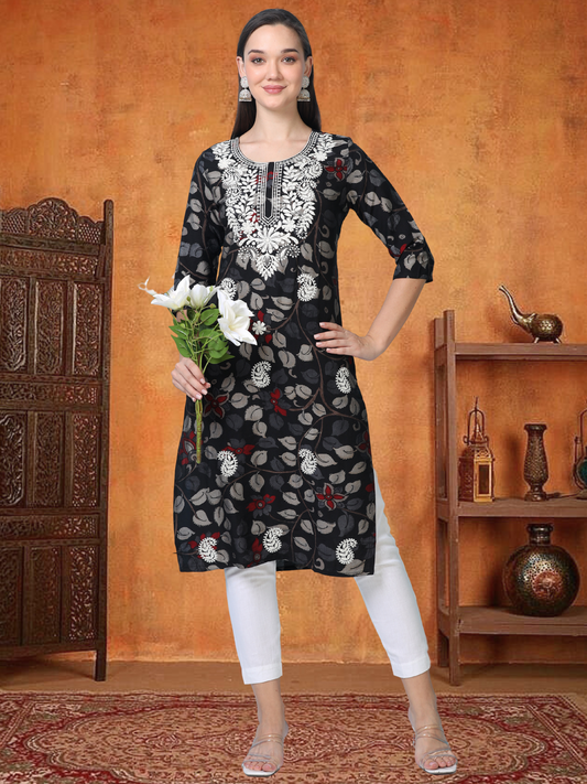 Noir Nazaara – Black Kalamkari & Chikankari Cotton Kurti (1NH-0-A13)