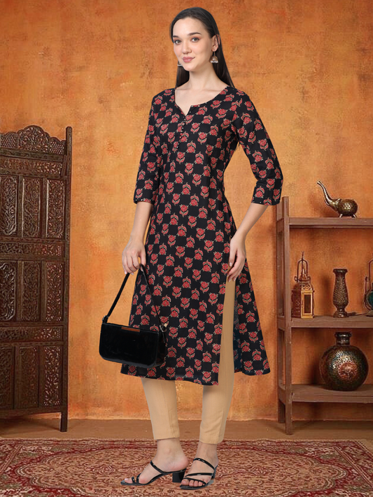 Midnight Muse – Black Printed Cotton Kurti (2TP-0-A1)