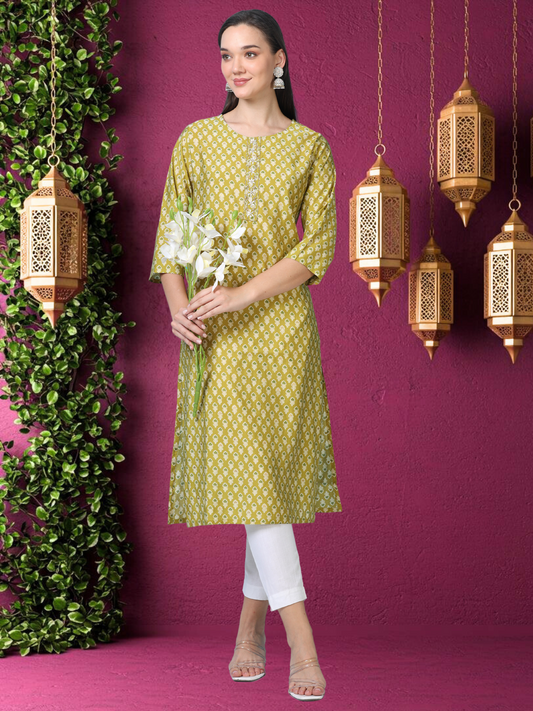 Olive Muse – Light Olive Printed Cotton Kurti with Cutdana Work (2AA-5-A7)