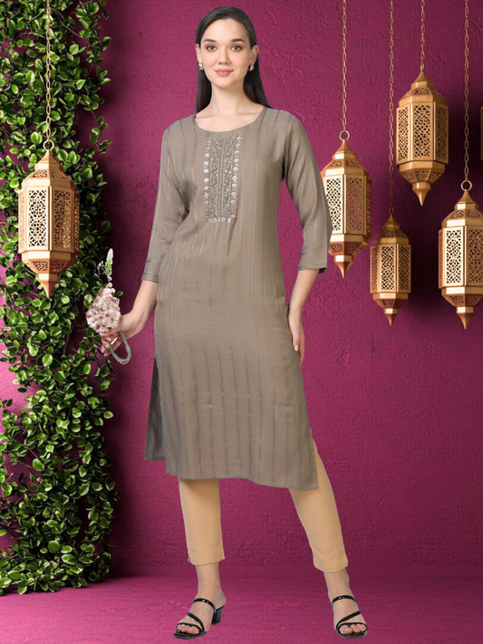 Cocoa Calm – Brown Cutdana Cotton-Blend Kurti (1KB-5-A13)