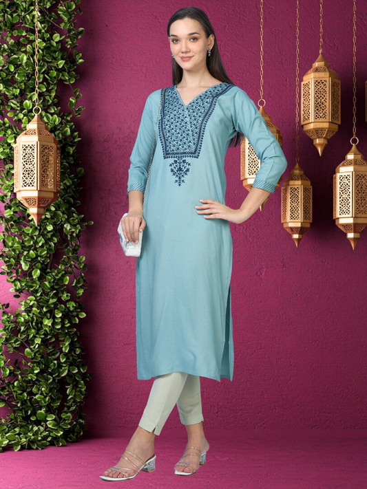 Blue Hush Glimmer – Embroidered Cotton-Tissue Kurti (1JD-6-A13)