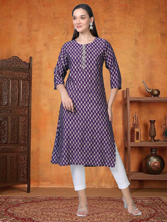 Lilac Luxe – Purple Cotton-Blend Embroidered Kurti (2AA-7-A8)