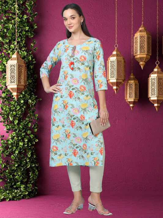 Bloom Flower – Light Blue Printed Cotton Kurti (2TP-6-A6)