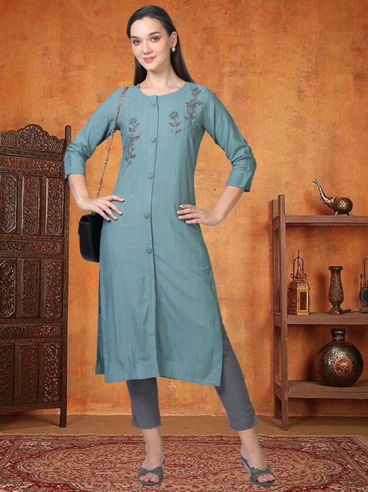 Teal Tadka – Shirt-Style Embroidered Kurti (1KB-6-A11)