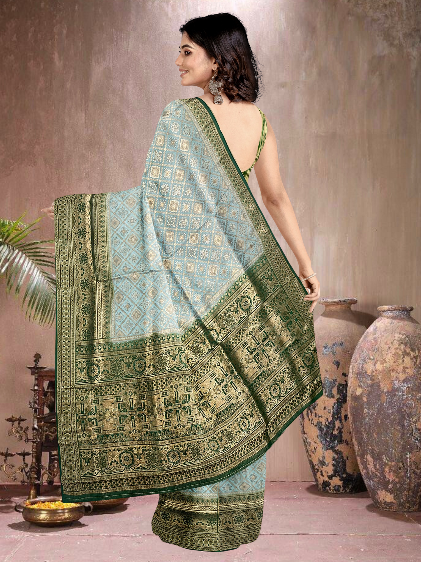 Blue-Green Grace – Satin Brocade Saree (BL-G-519013)