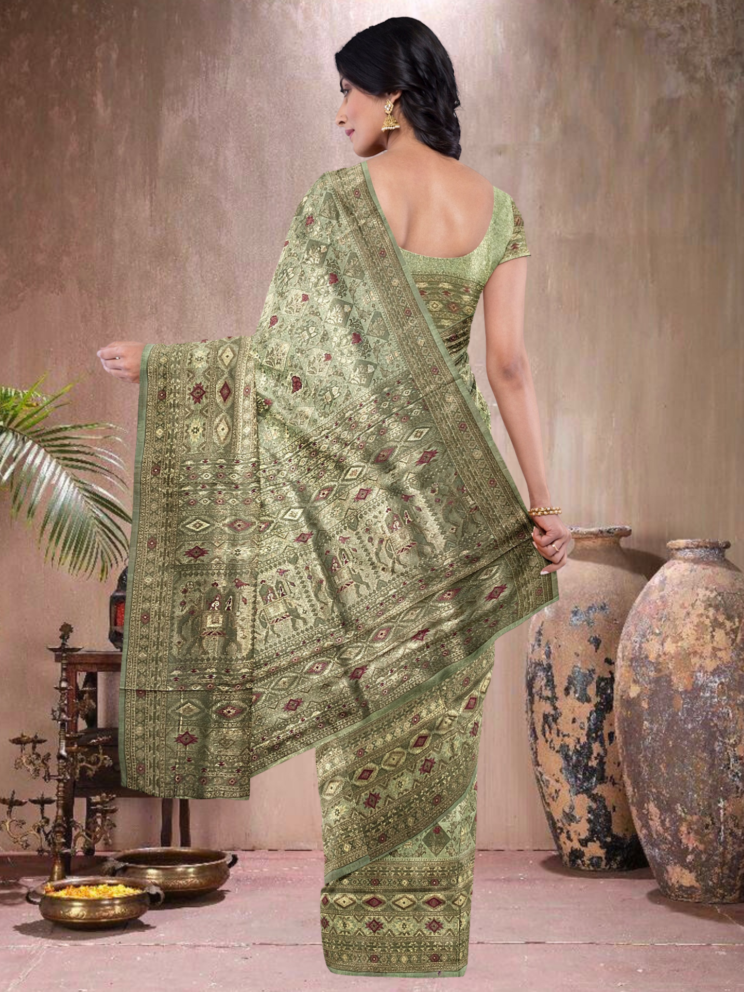Pista Glow – Satin Tissue Weave Saree (PG-519018)
