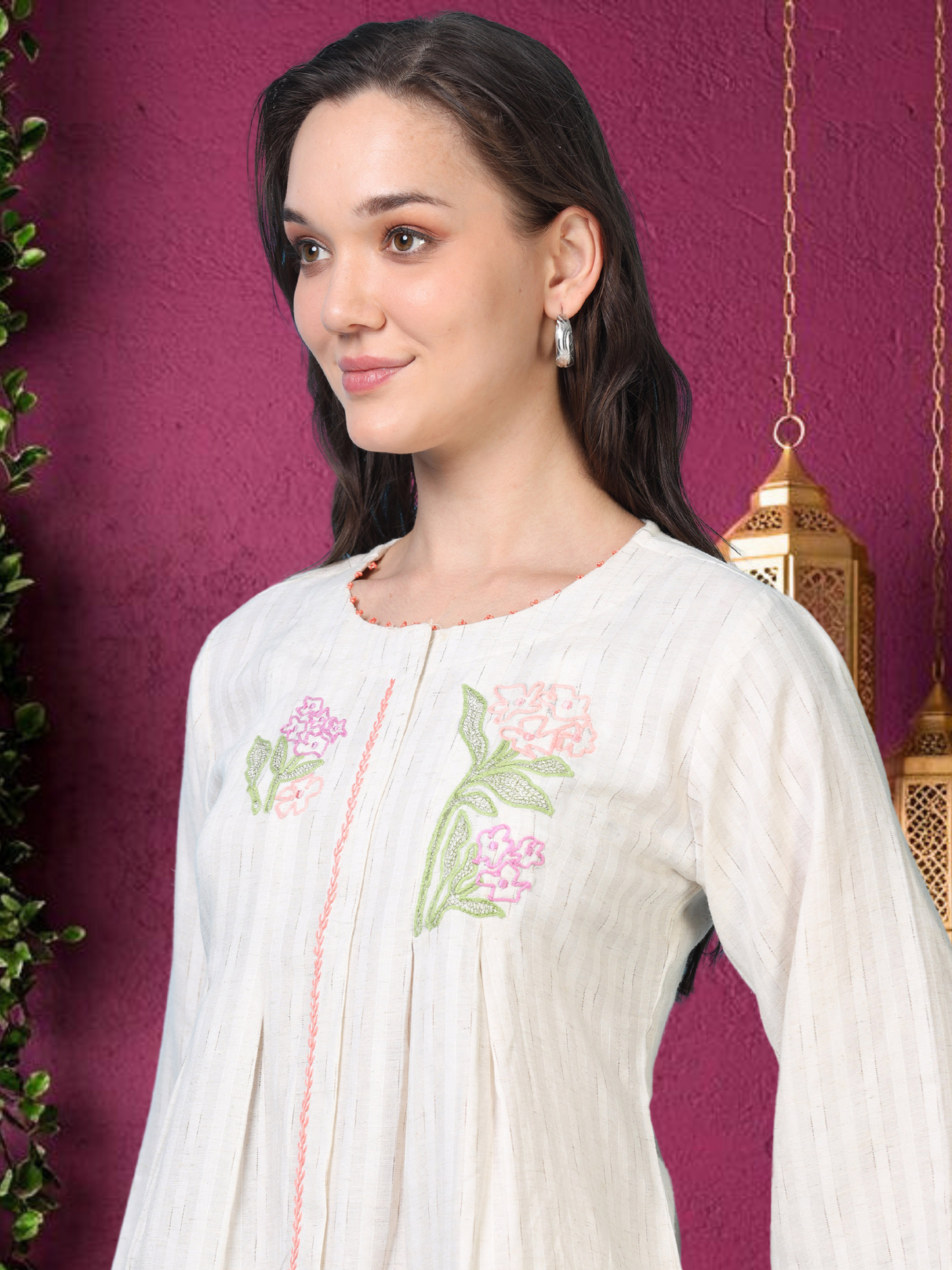 Power Pause – Off-White Embroidered Shirt-Style Co-ord (1KB-9-B1)