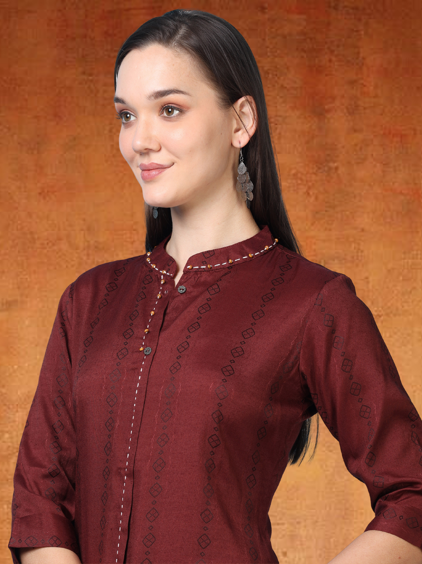 Merlot Muse – Reddish-Maroon Faux Shirt Kurti (1KB-2-A14)