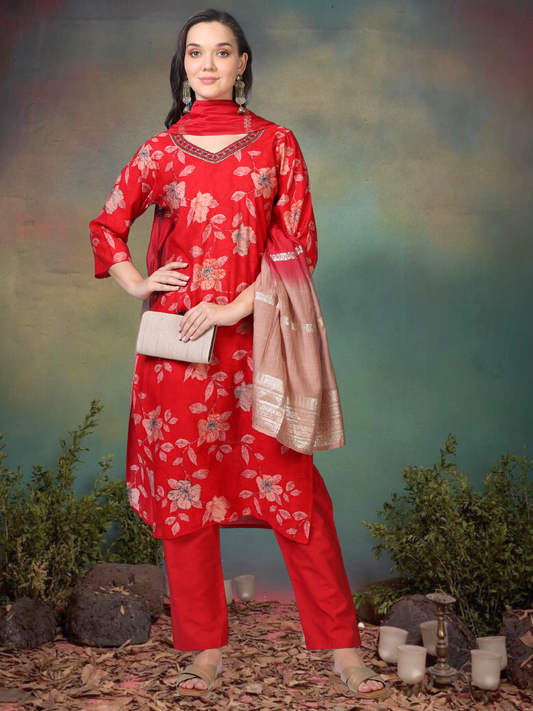 Scarlet Soirée – Red Printed Viscose-Cotton 3-Piece Set (1KI-2-C1)