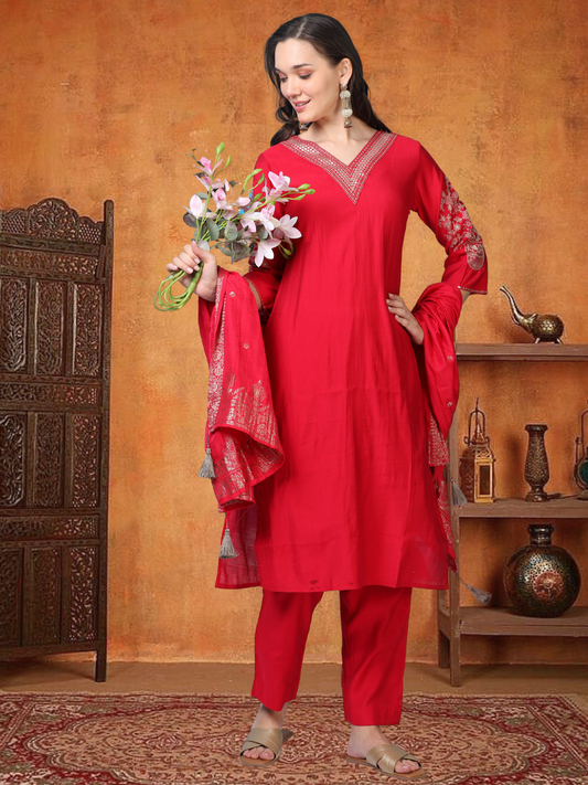 Red Hour – Raw Cotton & Banarasi Silk-Blend 3-Piece Set (1NH-2-C11)