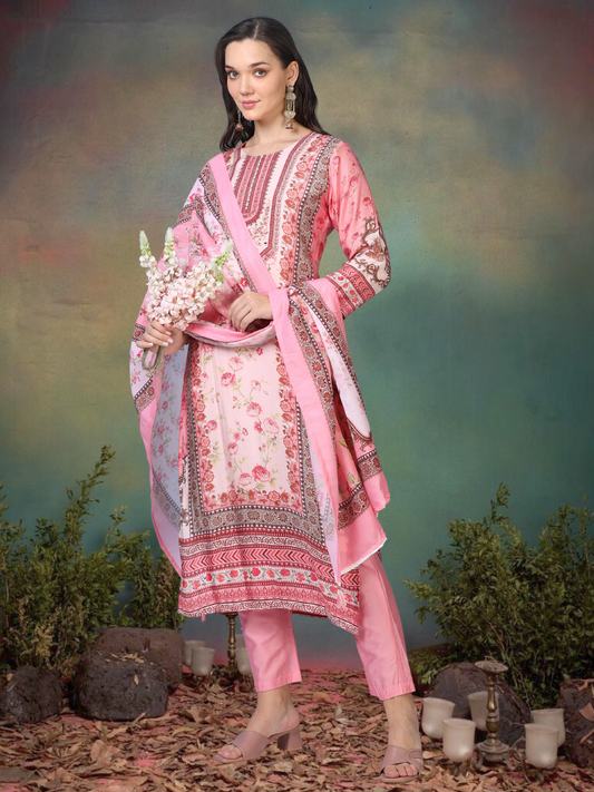 Print Paradise – Pink Viscose-Cotton Digital Print 3-Piece Set (1KI-2-C9)