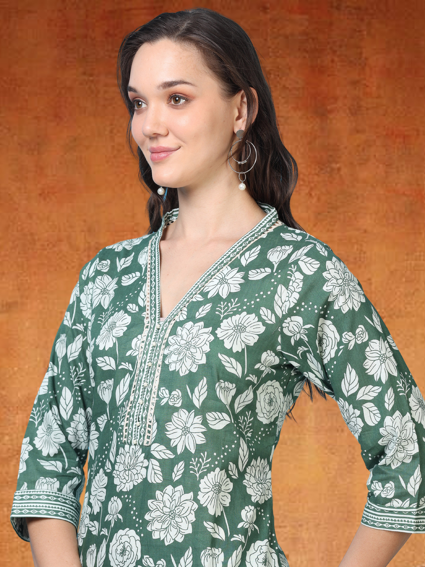 Bottle Green Flag – Lace & Pearl Detailed Printed 2-Piece Set (2FW-5-B3)