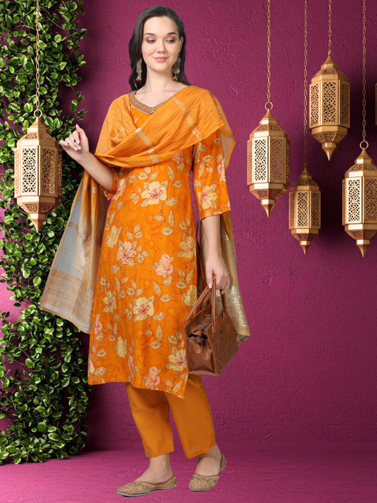 Golden Hour – Mustard Printed Viscose-Cotton 3-Piece Set (1KI-4-C2)