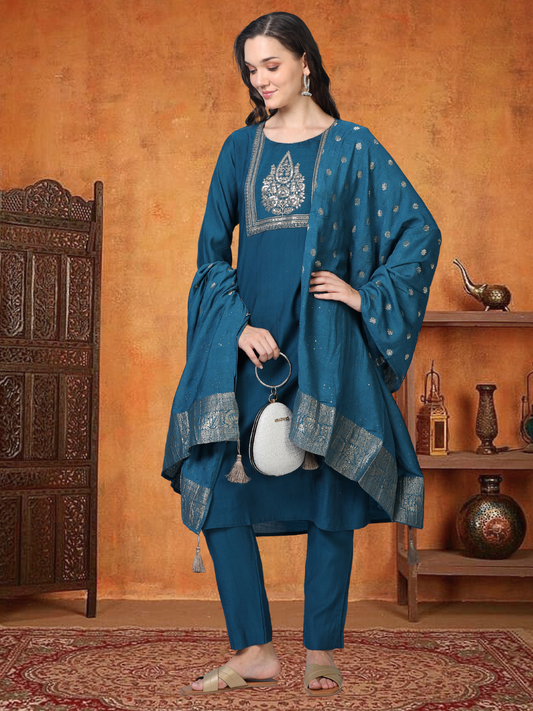 Blue Bash – Raw Cotton & Banarasi Silk-Blend 3-Piece Set (1NH-6-C10)