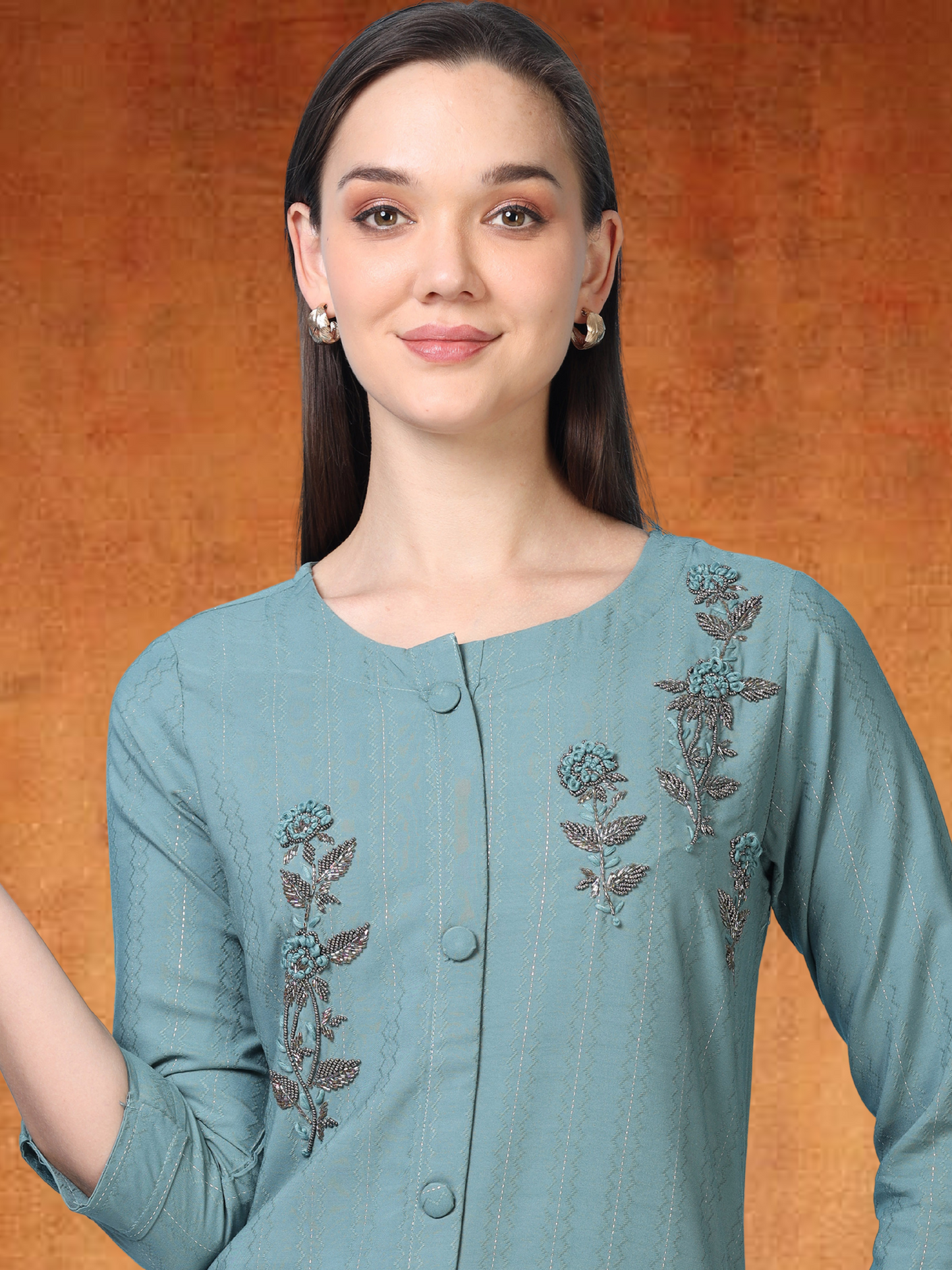 Teal Tadka – Shirt-Style Embroidered Kurti (1KB-6-A11)