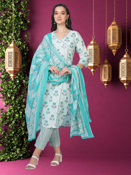White & Blue Angrakha Cotton 3-Piece Set (2DF-6-C8)