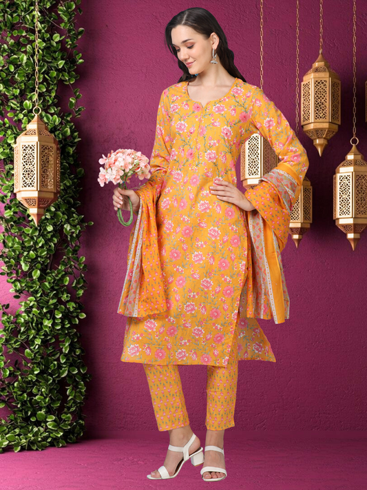 Golden Glow – Mustard Printed Cotton 3-Piece Set (2DF-4-C4)