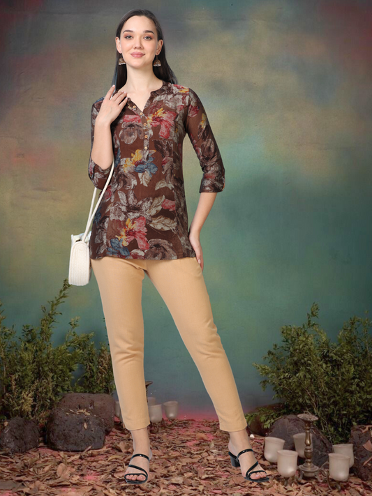 Mocha Bloom – Floral Printed Short Brown Cotton Kurti (1NH-1-A1)