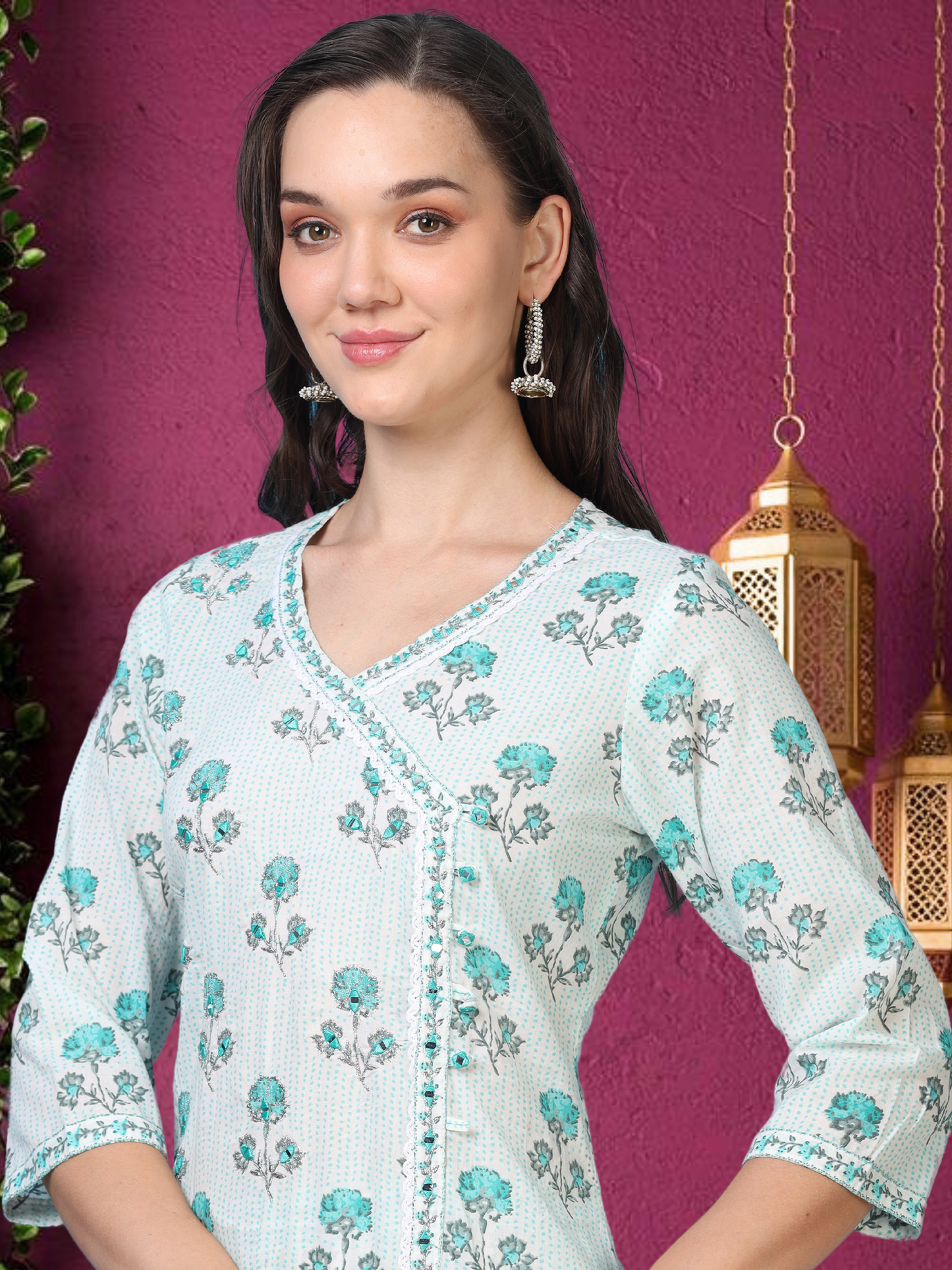 White & Blue Angrakha Cotton 3-Piece Set (2DF-6-C8)