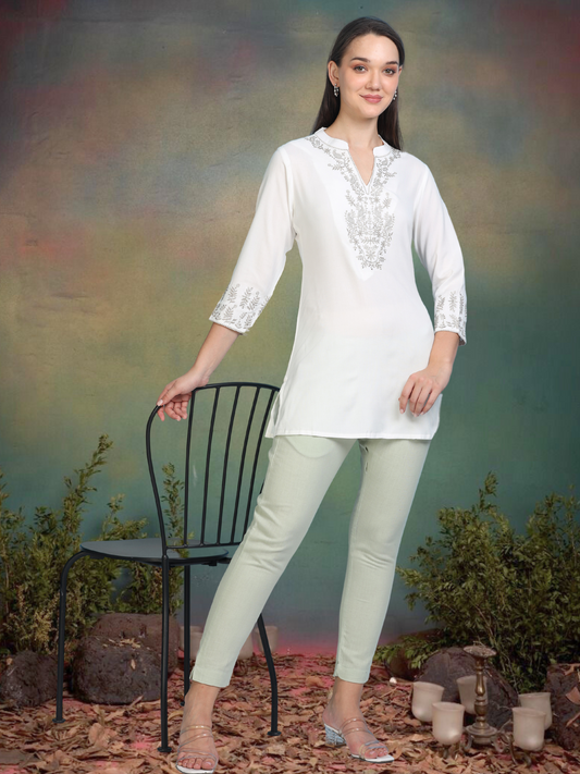 White Silver Charm – Embroidered Short Cotton Kurti (2PS-9-A6)