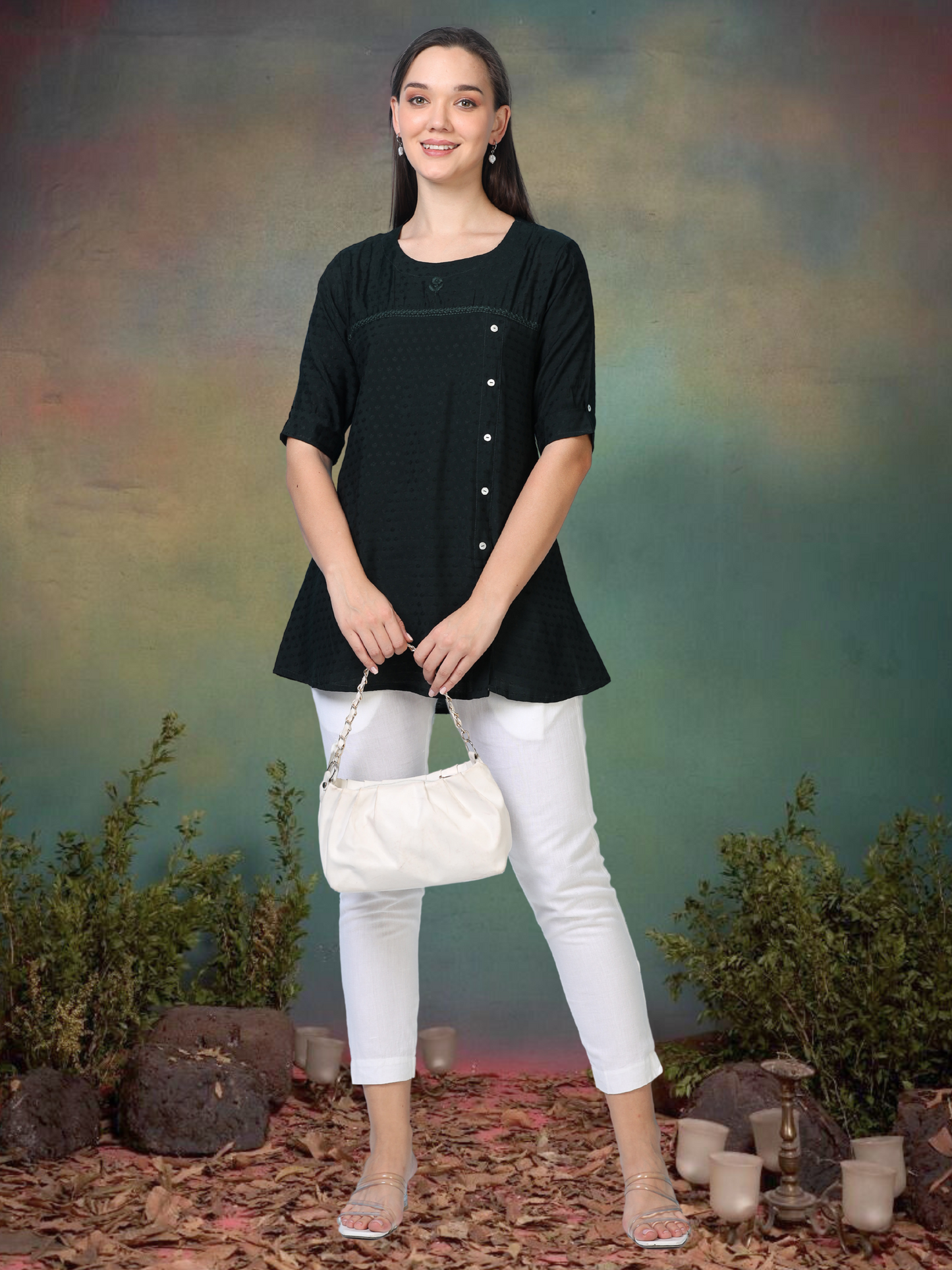 Midnight Muse – Self-Jacquard Black Short Kurti (1NH-0-A19)